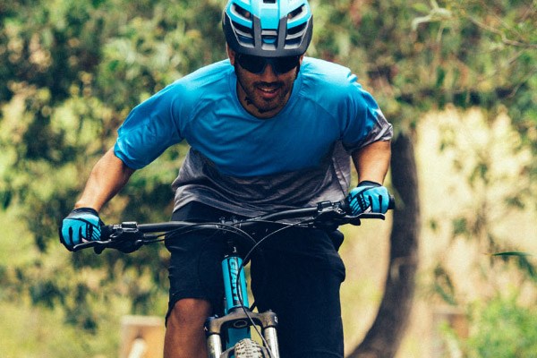 Mountain biker with a visor in a low position