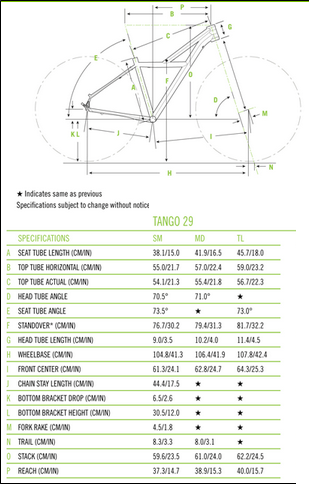 The image shows the different dimensions of the bike and the parts of which they relate to.