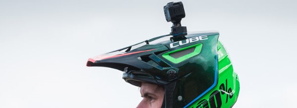 Mountain biker with GoPro mounted to a full-face helmet