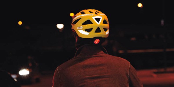 A rear view of a high visibility helmet suitable for cycling at night