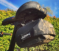 A lightweight Lezyne bike bag fixed to a bike frame