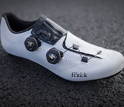 Lightweight Fizik white road cycling shoes