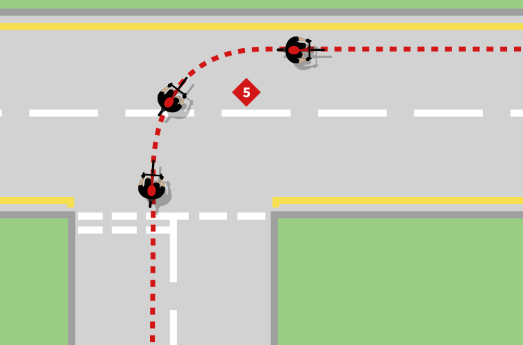 Ride straight across the first lane and turn once you are over the centre line