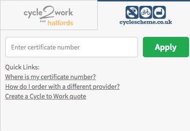 Checkout - Cyclescheme - Enter Certificate Number