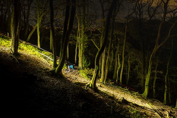 MTB rider lighting up the woods with lights on a night ride