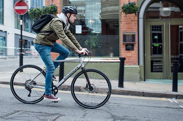 city cyclist riding a Boardman hybrid bike